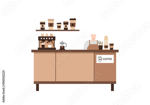 Illustration of a modern coffee shop counter with espresso machine and various coffee cups, representing a beverage service