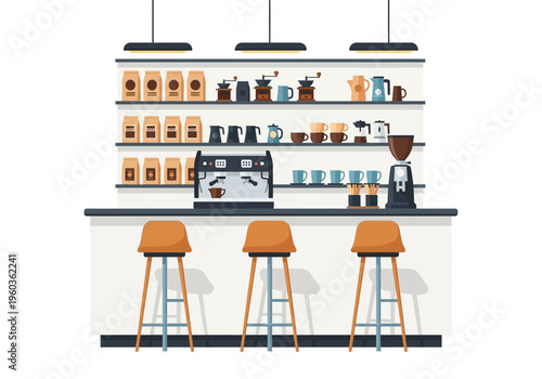 A Modern Coffee Shop Interior Featuring a Sleek Espresso Machine and Bar Stools