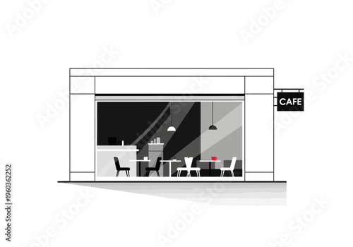 Minimalist illustration of a modern cafe interior with tables and chairs, showcasing a clean and inviting atmosphere