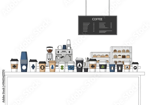 Barista coffee shop counter with a variety of takeaway cups and baked goods display