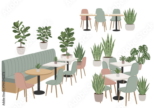 Cozy cafe interior with modern furniture and numerous potted plants for a refreshing ambiance