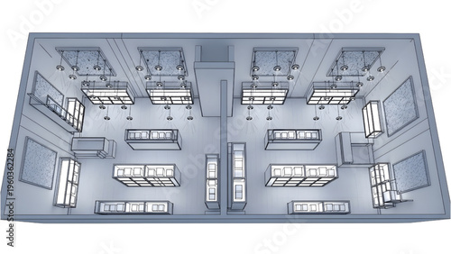 Retail Boutique Lighting Plan with Ceiling Pendants, Display Shelves and Decorative Wall Panels, 3D CAD Blueprint Vector