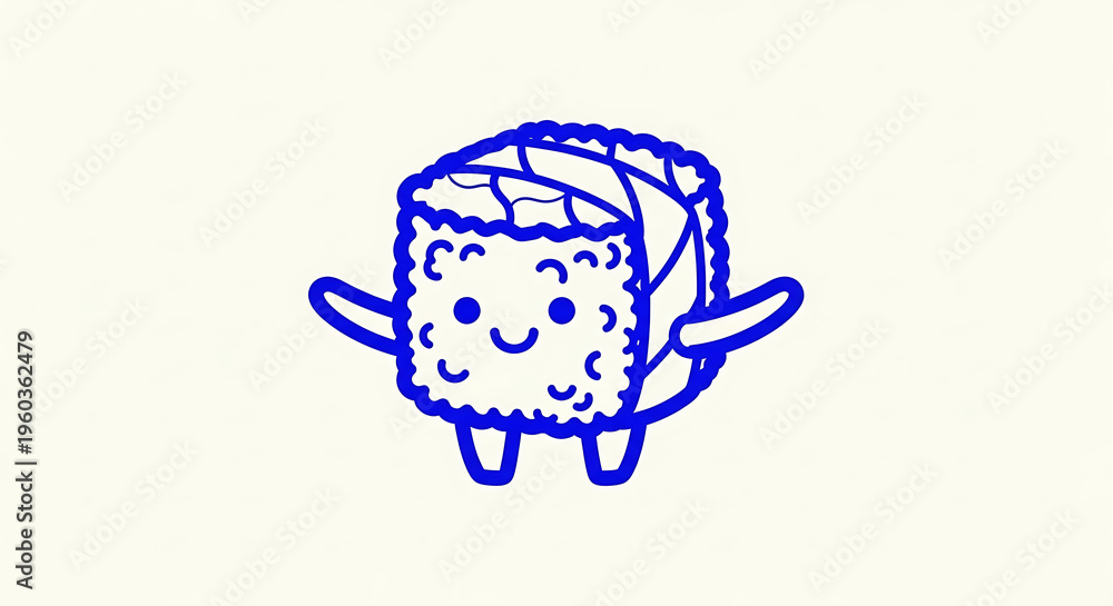 Obraz premium Cute Kawaii Sushi Character with Smiling Face Blue Outline