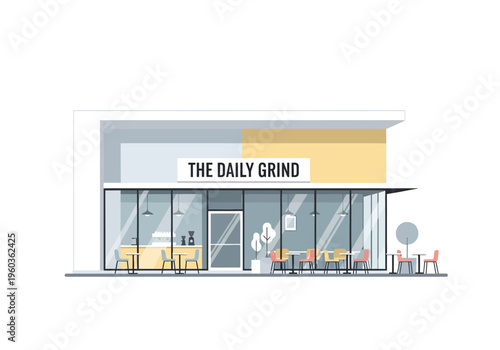 Modern Coffee Shop Exterior with Outdoor Seating and Yellow Accents