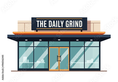 The Daily Grind Coffee Shop Exterior Illustration - Modern Building Facade with Large Windows and Signage