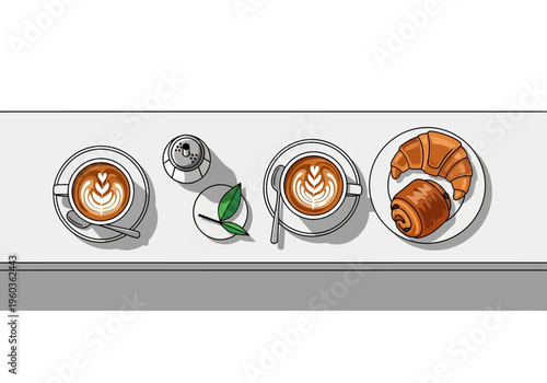 Breakfast delight a close-up of coffee cups and a croissant on a table