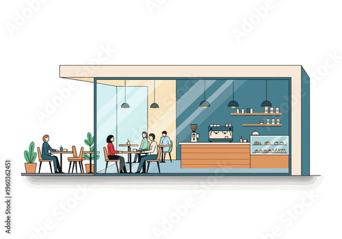 Modern coffee shop exterior with people enjoying drinks at tables and counter