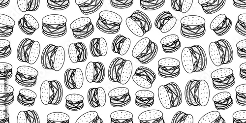 Doodle burger pattern background. Seamless doodle burger pattern background. Hamburger doodle pattern background in doodle style. Seamless pattern of cheeseburger background.