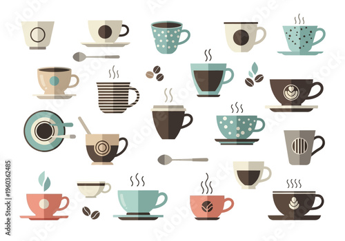 Collection of coffee cups and mugs with steaming beverages and coffee beans
