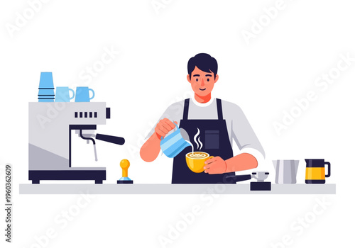 Barista making coffee with latte art, coffee machine and accessories on a counter