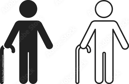 Accessibility icons of person holding cane in solid and outline design, representing elderly individuals, mobility support, senior citizen signage, and inclusive public facility visuals