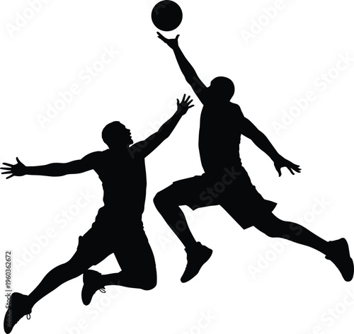 Basketball players silhouettes vector illustration, athletes jumping with ball action sport competition dynamic scene design