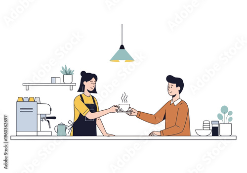 Barista handing coffee cup to customer at a cafe counter with espresso machine