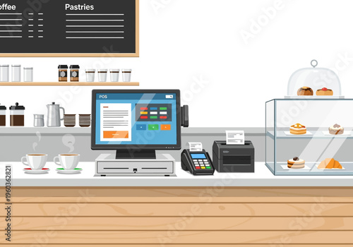 Café counter with cash register, coffee, and pastries in display case