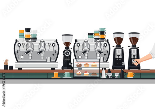 Commercial coffee machines with grinders and pastries on a display counter