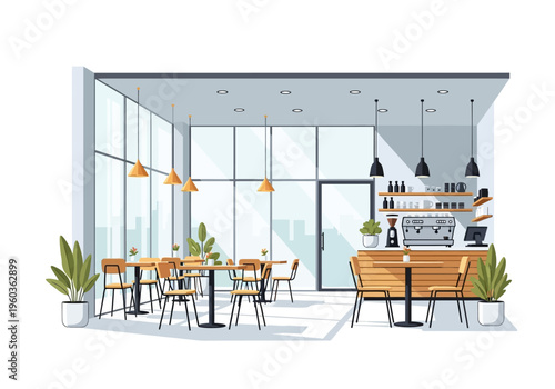 Modern cafe interior with tables, chairs, and a coffee bar, bathed in natural light