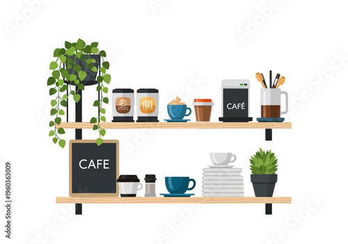 Cozy cafe shelf display with coffee cups, plants, and decor