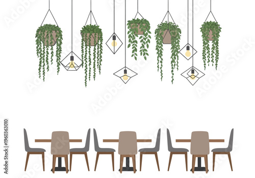 Elegant dining area with hanging plants and modern geometric light fixtures over tables