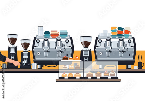 Coffee shop interior with espresso machines, grinders, and pastry display cases stocked with treats