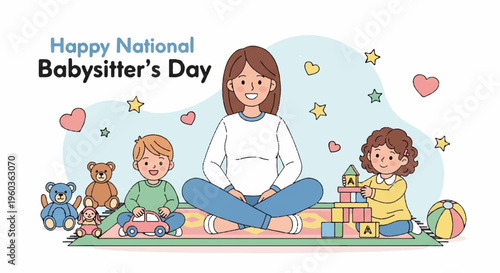 Babysitter and two children playing with toys on floor happy national babysitter's day