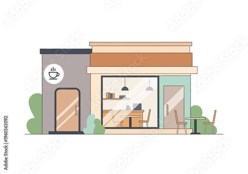 Modern exterior view of a cozy cafe with seating and interior details