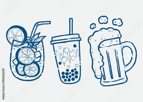 Hand-drawn vector illustration set of refreshing beverages, a lime cocktail with mint, bubble milk tea (boba), and a cold beer mug with foam in a blue ink line art style for cafe, menu, branding.