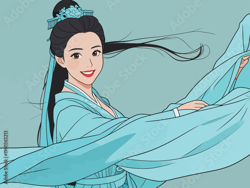 Woman in traditional clothing performs a dance with flowing fabric on a simple blue background during a daytime event