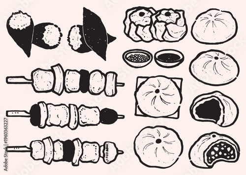 Hand drawn vector illustration set of Asian street food and dim sum, steamed buns (baozi), dumplings, BBQ skewers, Shumai (shaomai), Roasted sweet potato. Clip art line drawing sketch for food shop.