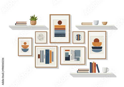 Curated collection of modern abstract art pieces displayed on floating shelves with decorative objects