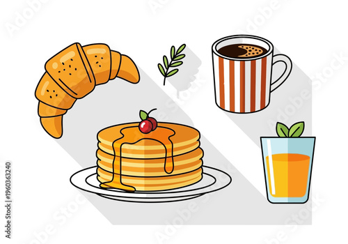 Delicious breakfast spread featuring pancakes, croissant, and coffee, artfully arranged with juice and garnish