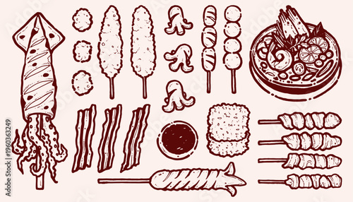 Hand-drawn vector illustration set of Asian Tom yum kung, grilled chicken with sticky rice, street food, seafood, grilled squid, bacon strips, fried hotdog, dipping sauce in line art style for shop.