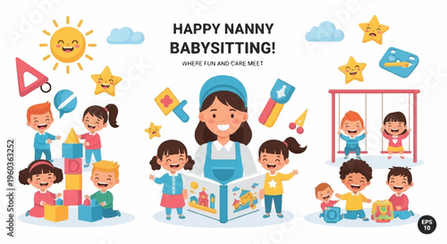 Nanny and children playing blocks toys and having fun together in a colorful playroom with educational elements