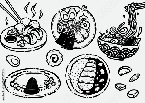 Hand-drawn Japanese food. set of vector illustration in naive doodle style. Ramen noodles, japanese curry rice, gyoza, korokke, omelette in black ink line art for food shop, branding, menu, cafe.