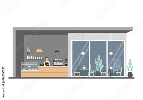 Modern cafe interior with barista preparing coffee, seating area, and large windows showcasing lush plants