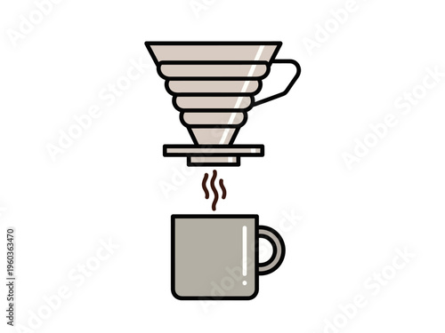 Hand-drawn illustration of preparing coffee using a pour-over method with steam rising into a mug