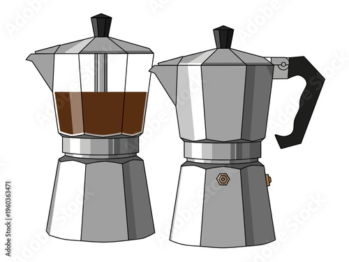 Classic Italian Moka Pot Coffee Makers Illustrated, One Full of Coffee, One Empty