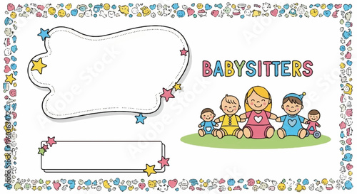 Colorful babysitters illustration with kids and decorative border childcare concept