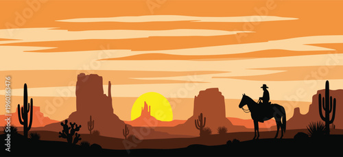 Western cowboy riding horse silhouette vector illustration, desert sunset landscape background with cactus, wild west scenery graphic design, arizona nature panoramic view