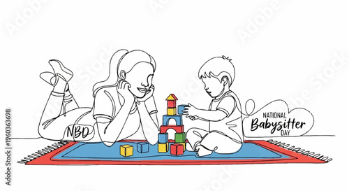Woman babysitter and toddler playing with colorful blocks on blue mat indoors