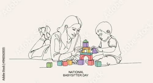 Mother and toddler playing with colorful blocks together on floor with dog