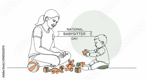 Woman and baby playing with wooden blocks on floor national babysitter day