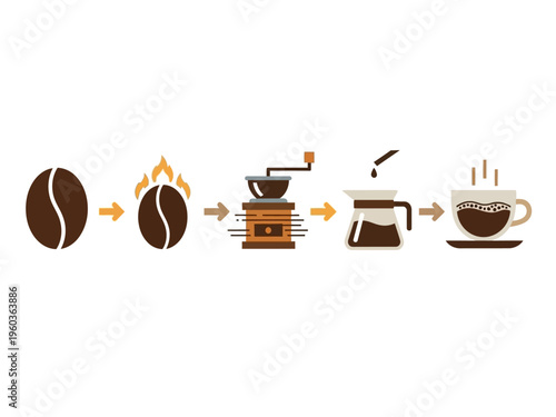 Coffee brewing process from bean to cup, a step-by-step illustration of coffee preparation