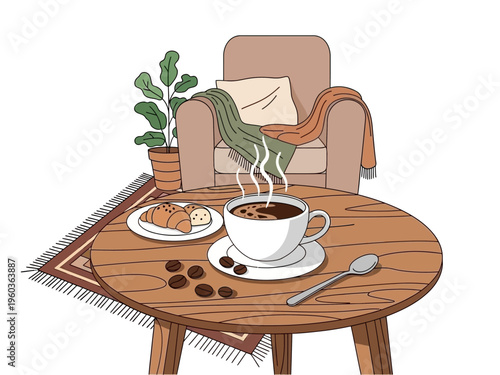 Cozy morning coffee break with croissant and a warm blanket draped over a comfortable armchair