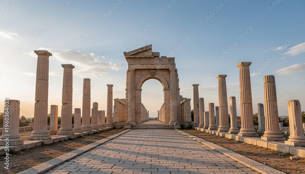Fototapeta premium Ancient Roman Arch and Columns Ruins with Stone Pathway at Sunset