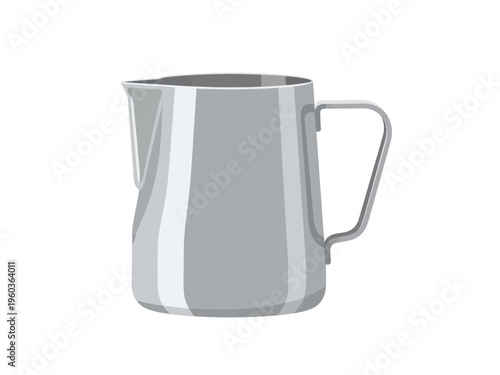 Illustration of a stainless steel milk frothing pitcher with a handle, perfect for coffee lovers and baristas