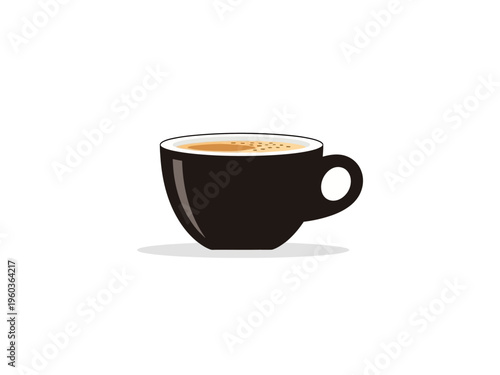 A black coffee cup filled with rich, frothy espresso, casting a subtle shadow on a white background