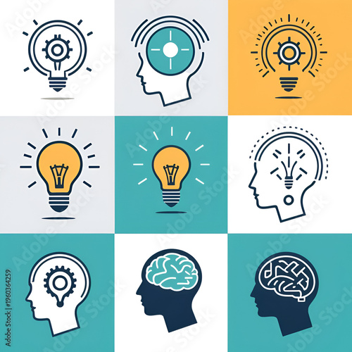 Concepts of unlearning, relearning, brainstorming, and creative problem-solving in a vector icon format for educational purposes