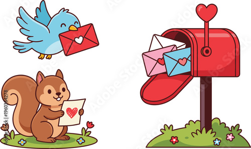Cute Animal Mail Vector Set with Bluebird Delivering Letter Squirrel Holding Love Note and Red Mailbox for Romantic Correspondence and Greeting Card Designs
