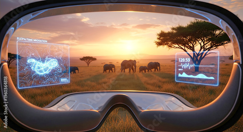 First-person view through smart glasses showing holographic data overlays tracking a herd of elephants across the African savanna during a golden sunset for wildlife research.