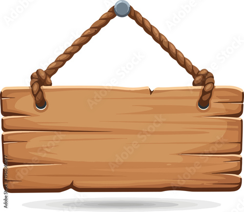Rustic wooden sign hanging by rope, ideal for rustic decor and signage